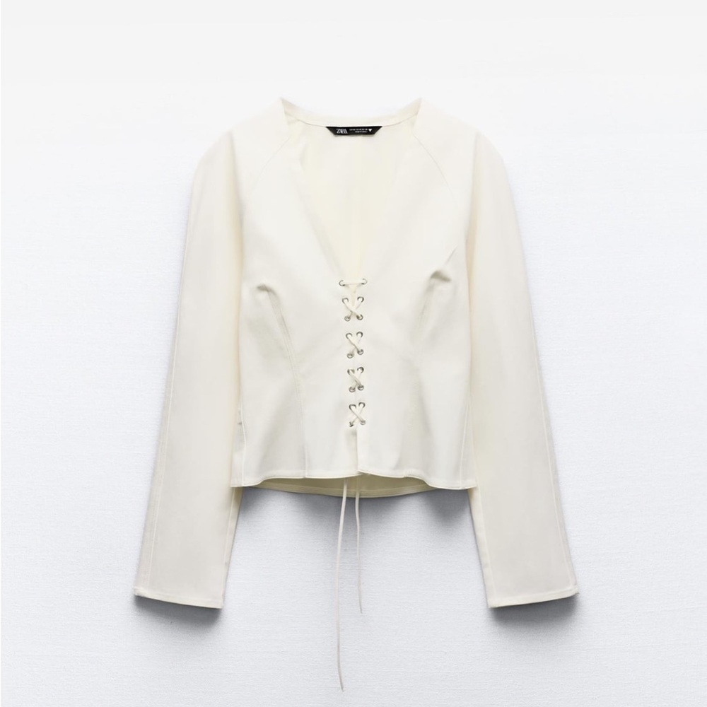 Zara Fitted Top With Criss-Cross Drawstring | White | Size S